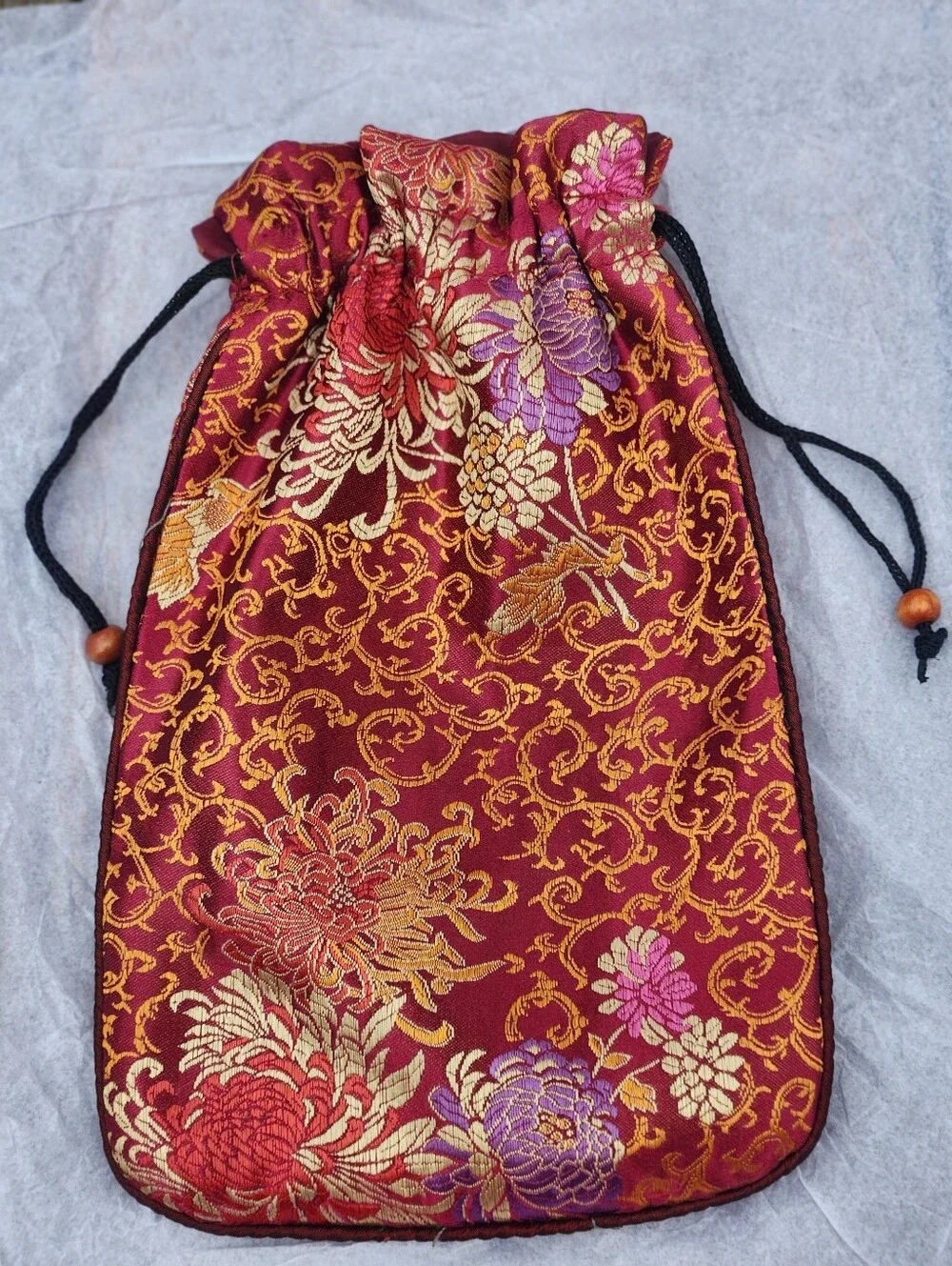 2pc Silk Brocade Pouch Set Red Drawstring 10x6 & Green Envelope 8x6